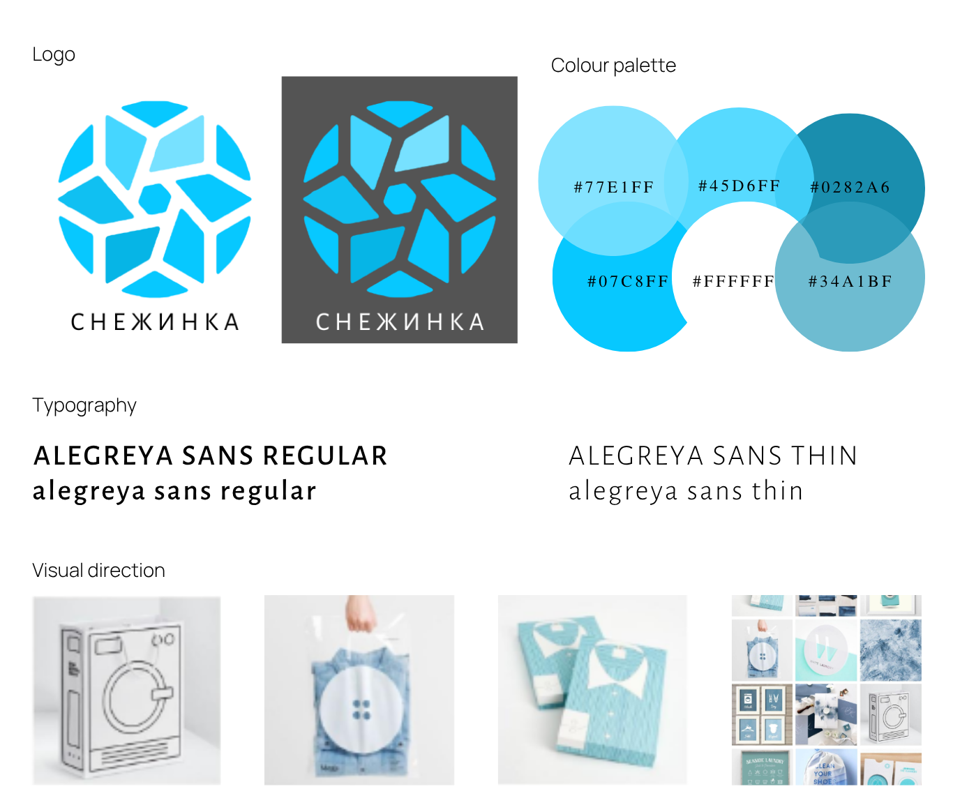 Snezhinka rebranding concept showing visual direction, colour palette, typography and logo